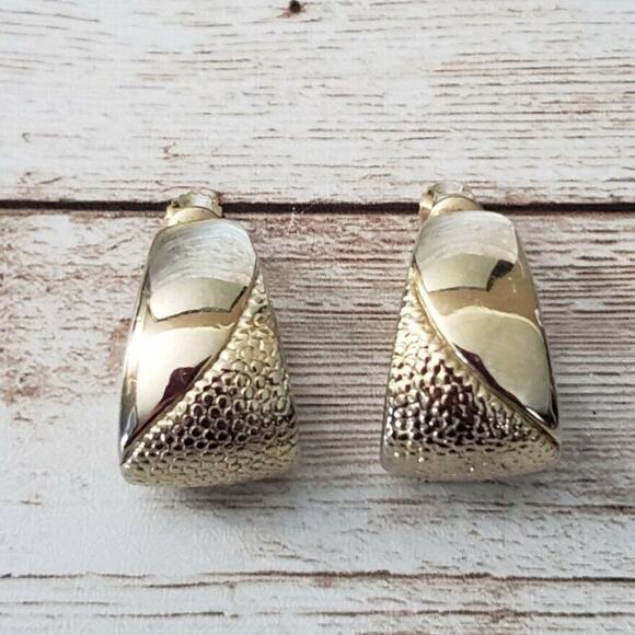 Vintage Clip On Earrings Elongated Gold Tone Hoops with Partial Pattern - Picture 1 of 5